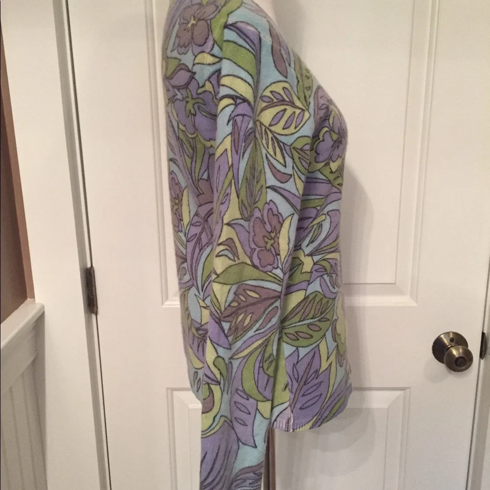 KINROSS SWEATER CASHMERE CREWNECK PURPLE BLACK YELLOW GREEN FLORAL SMALL